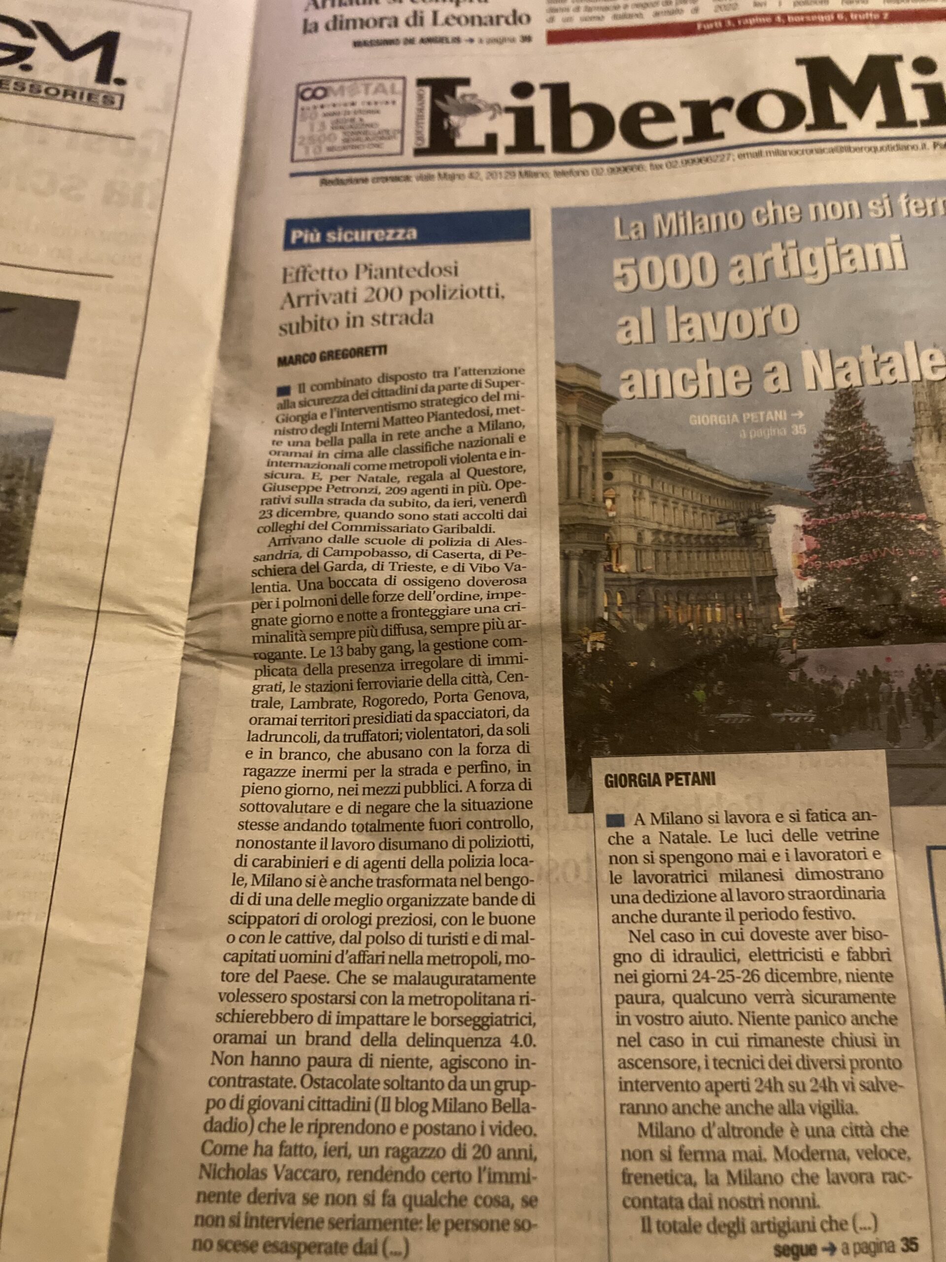 209 poliziotti a Milano. L’articolo di Libero di Sabato 24 dicembre 2022 1