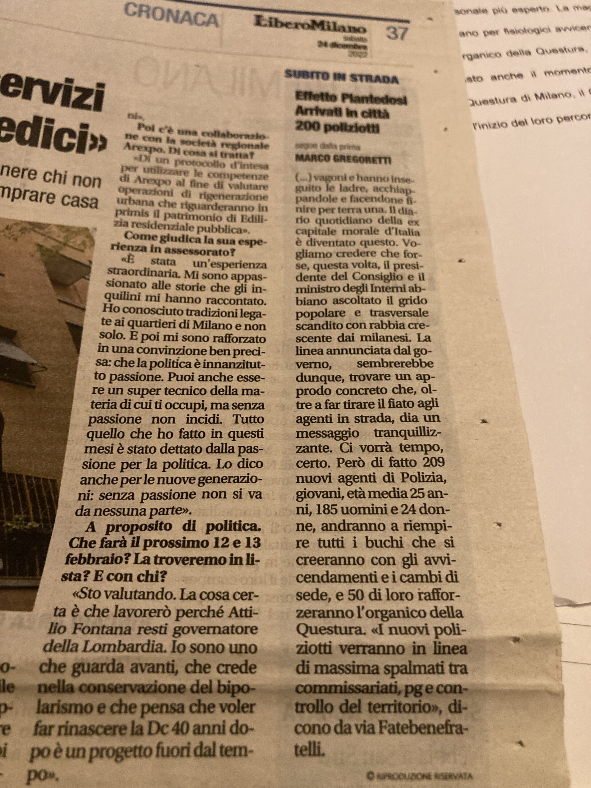 209 poliziotti a Milano. L’articolo di Libero di Sabato 24 dicembre 2022 2