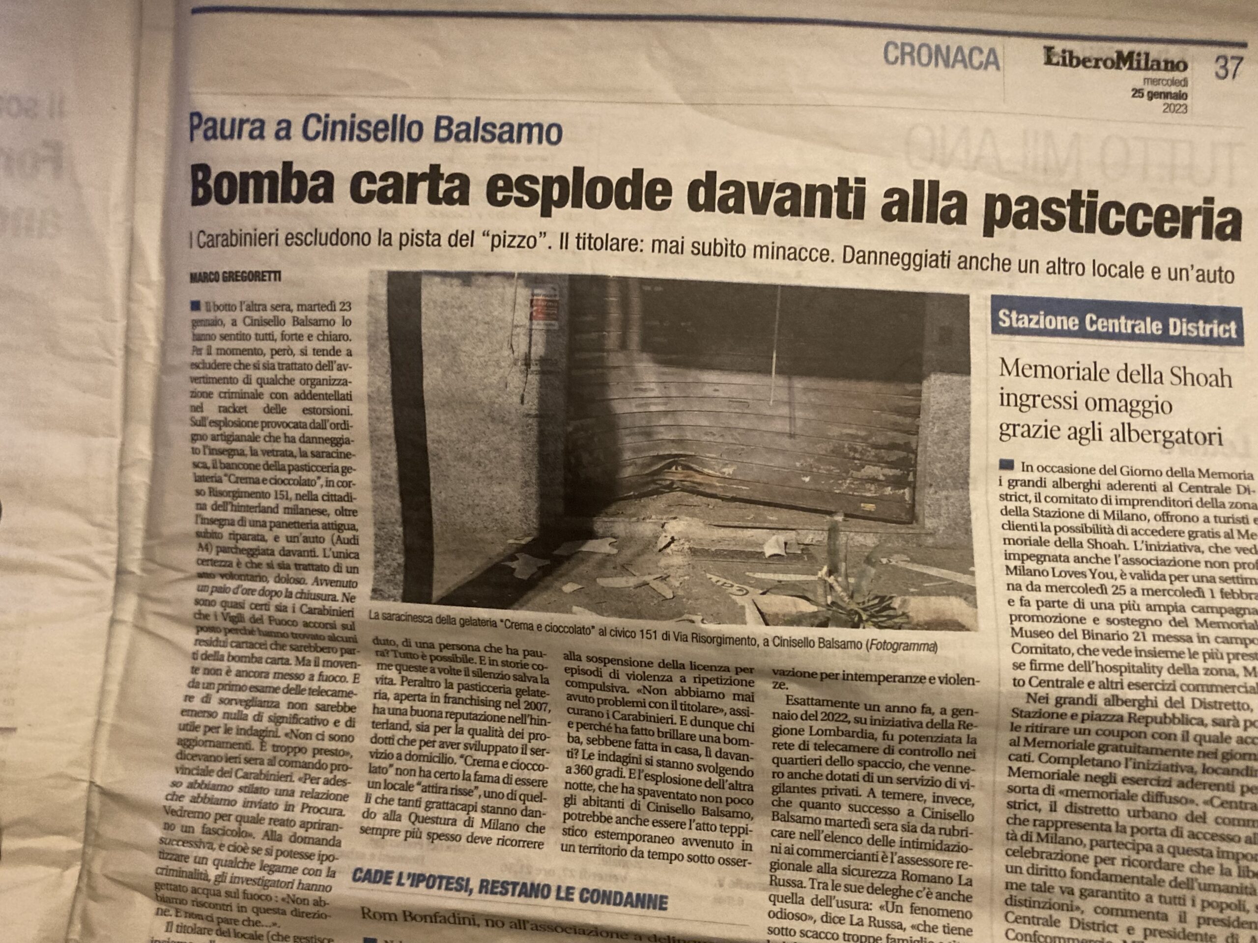 Bomba alla gelateria di Sesto San Giovanni. L’articolo che ho scritto per Libero. Mercoledì 25 gennaio 2023 1