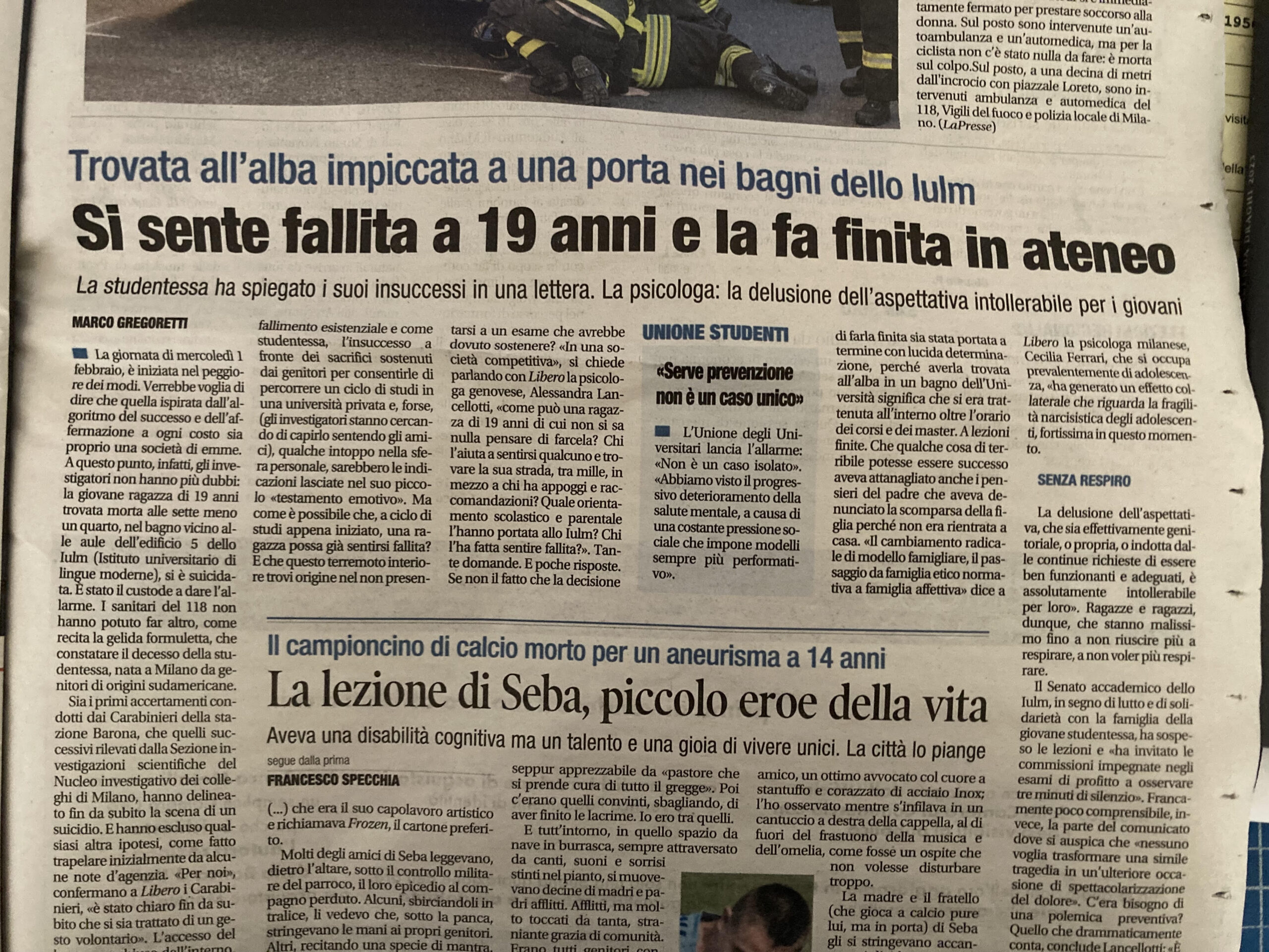 L’articolo che ho scritto per Libero di giovedì 2 febbraio 2023 sulla ragazza che si è suicidata allo Iulm di Milano. Giovedì 2 febbraio 2023