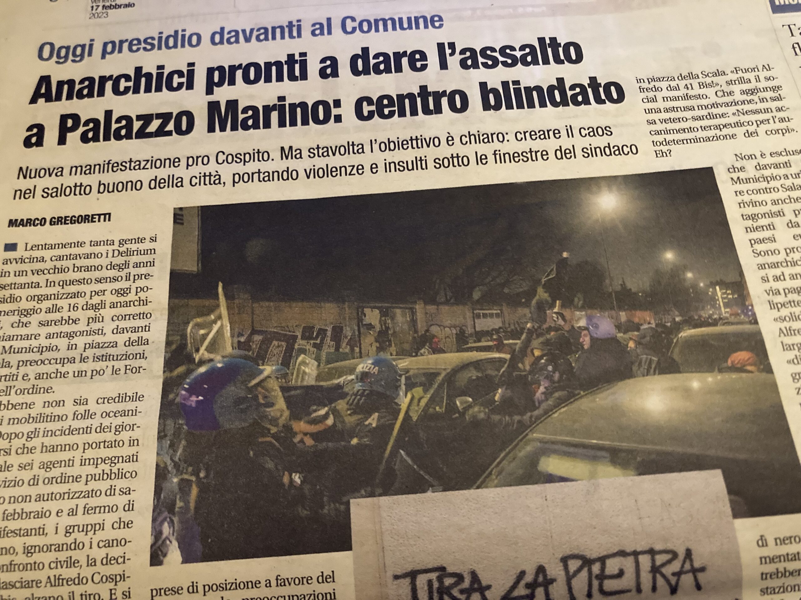 Presidio anarchici Palazzo Marino. Articolo di Libero di Venerdì 17 febbraio 2023 2