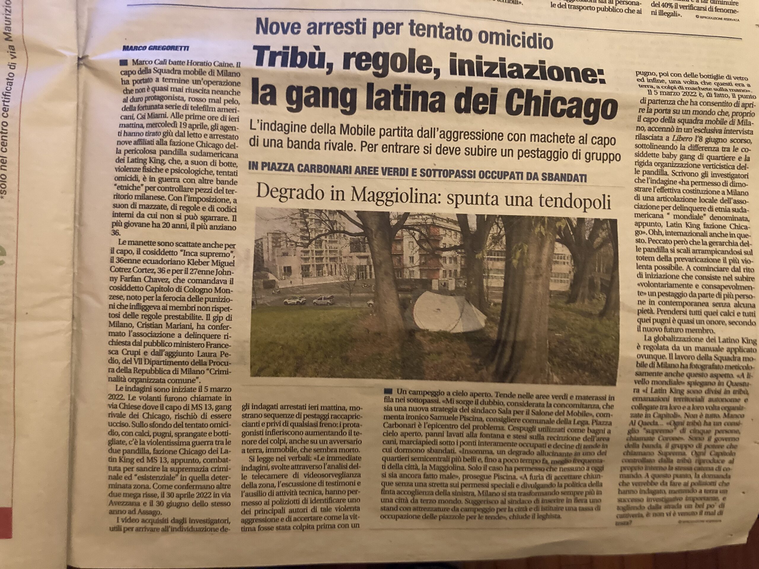 Pandilla a Milano. ove arresti. Articolo di Libero di giovedì 20 aprile 2023 1
