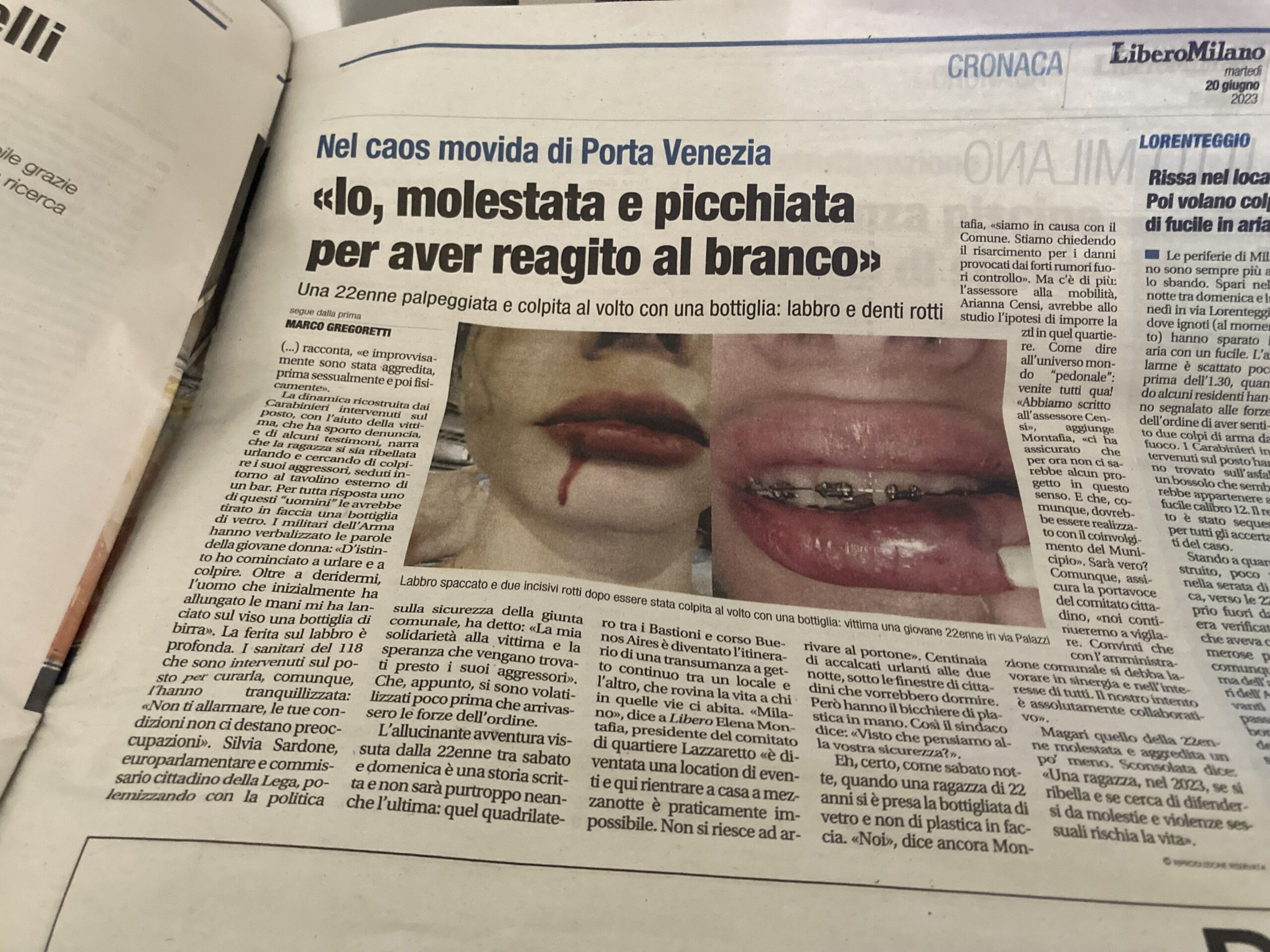 Ragazza molestata e picchiata in Porta Venezia, a Milano. Articolo di Libero di Martedì 20 giugno 2023